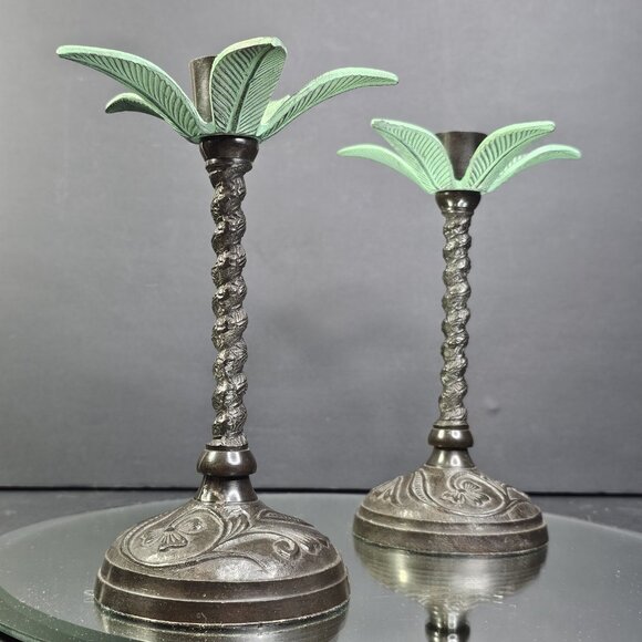 Vintage Palm Tree Brass Metal Candlestick Holders Pair, Made in India, 7" Tall - Picture 2 of 8